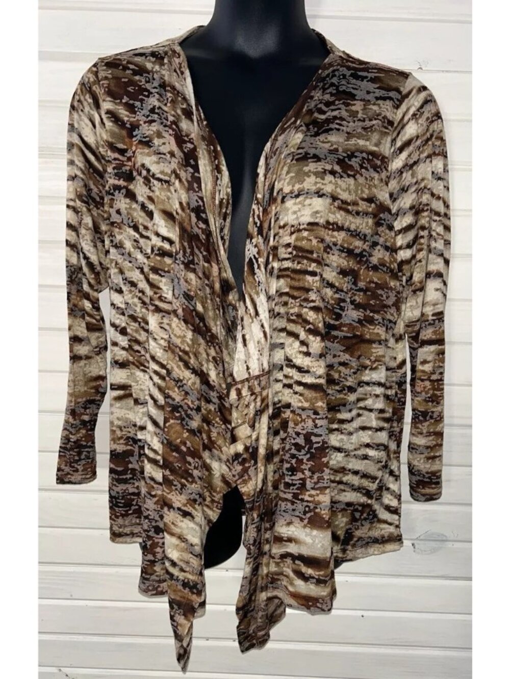 Calvin Klein Sz PLUS 1X Khaki Brown Animal Print Open Front Cardigan Sweater EUC